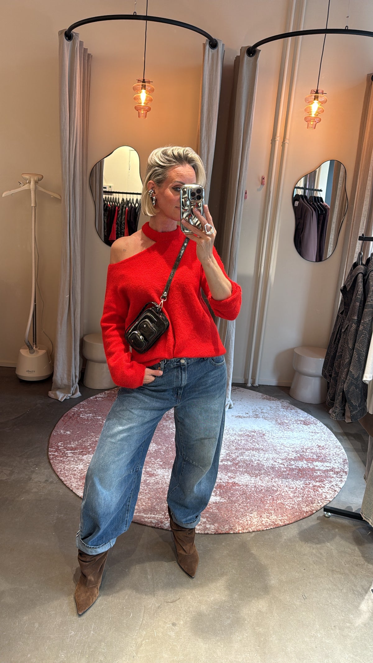 Red open-shoulder knit