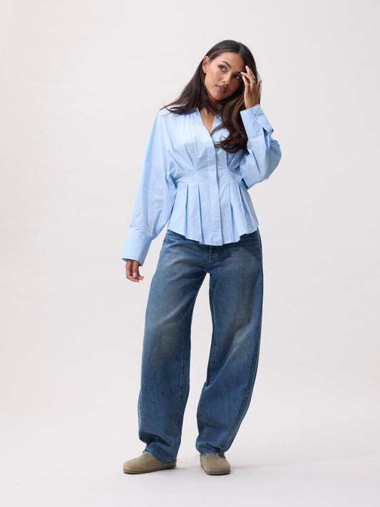 Blouse with waist pleats blue