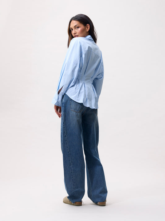 Blouse with waist pleats blue