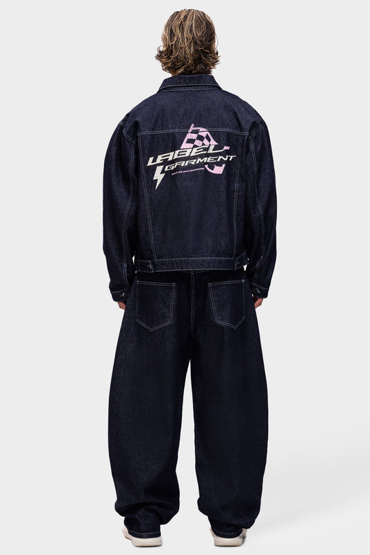 pitlane denim pants, achterkant met denim jack en racing print op de rug